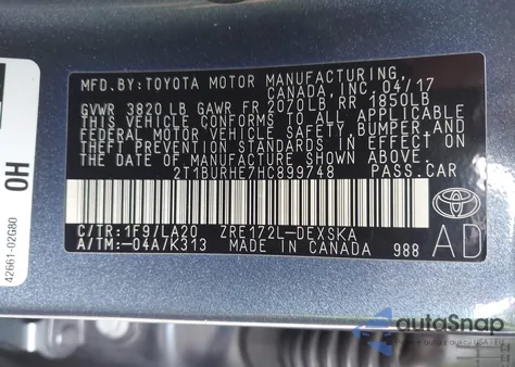 2017 Toyota Corolla Xse z USA, uszkodzony, nr VIN 2T1BURHE7HC899748